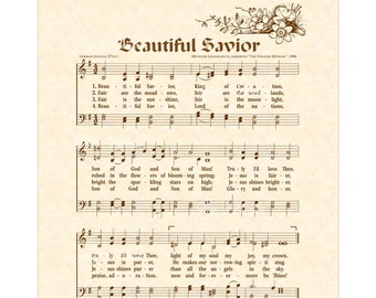 Beautiful Savior - Hymn On Parchment Christian Home & Office Decor Sheet Music Wall Art  Vintage Verses Faith Inspirational Antique Hymn