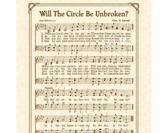 Will The Circle Be Unbroken - Christian Home & Office Decor Sheet Music Wall Art Hymn On Parchment Vintage Verses Farmhouse Southern Gospel