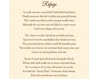 Refuge by Geraldine D. Robinson - Home & Office Decor Calligraphy Parchment Wall Art Vintage Verses Antique Poem Faith Nature Inspirational