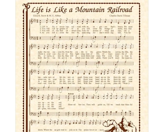 Life is Like A Mountain Railroad Christian Home & Office Decor Sheet Music Wall Art Hymn On Parchment Vintage Verses Farmhouse Gospel Music