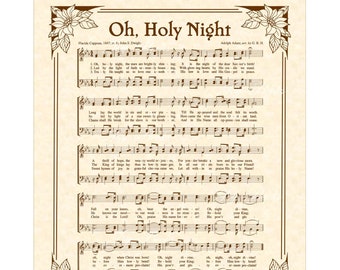 OH HOLY NIGHT Christmas Carol Wall Art Christian Home & Office Decor Hymn On Parchment Vintage Verses Sheet Music Art O Night Divine Savior