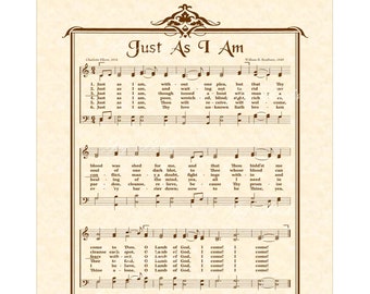 JUST AS I Am 8x10 Antique Hymn Art Print Natural Parchment Sepia Brown Ink Vintage Verses Sheet Music Crusade Song Come As You Are To Jesus