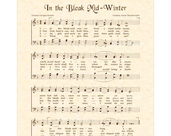 In The Bleak Mid Winter Christian Home & Office Decor Christmas Carol Sheet Music Wall Art Hymn On Parchment Vintage Verses Faith Farmhouse