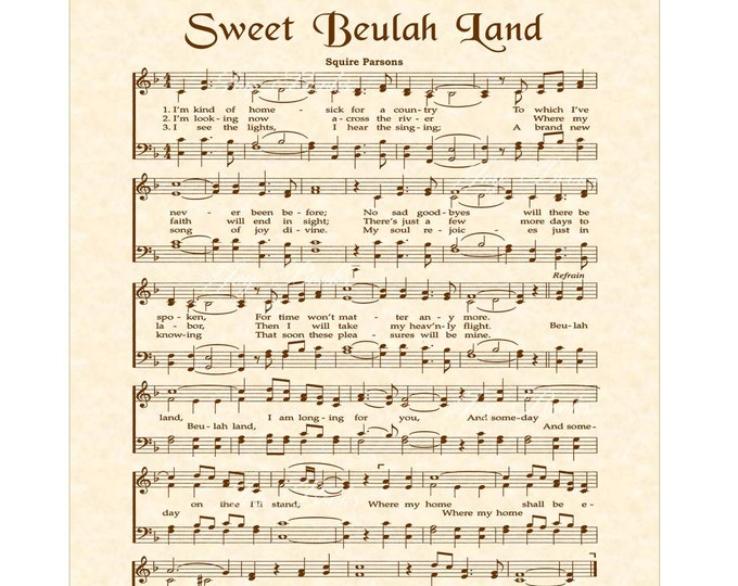 Decorative wall art featuring Sweet Beulah Land sheet music design