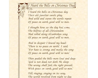 I Heard The Bells On Christmas Day Poem By Henry W Longfellow Home & Office Wall Art Calligraphy Vintage Verses Poetry Home School Art 8x10