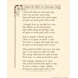 I Heard The Bells On Christmas Day Poem By Henry W Longfellow Home & Office Wall Art Calligraphy Vintage Verses Poetry Home School Art 8x10