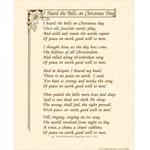 I Heard The Bells On Christmas Day Poem By Henry W Longfellow Home & Office Wall Art Calligraphy Vintage Verses Poetry Home School Art 11x14