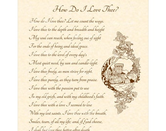 How Do I Love Thee Poem by Elizabeth Barrett Browning Home And Office Wall Art Calligraphy Wall Art Print Vintage Verses Antique Poetry Sale