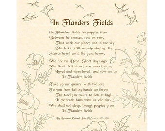 In Flanders Fields Poem By Lieutenant Colonel John McCrae - Home & Office Wall Art Calligraphy Print Vintage Verses Poetry Home School Art