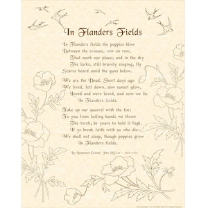 In Flanders Fields Poem By Lieutenant Colonel John McCrae Home & Office Calligraphy On Parchment Vintage Verses Poetry Home School Wall Art