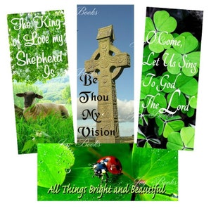 May include: Set of four bookmarks featuring religious quotes and nature imagery. The bookmarks feature a stone cross, a sheep in a field, a ladybug on a leaf, and a green shamrock background.