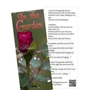 IN THE GARDEN Printed Hymn Bookmarks w Song Lyrics Vintage Verses Book Lovers Gift Card Insert Christian Ministry Give Away Rose Bud Dew image 3