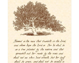 JEREMIAH 17:7-8 KJV 11x14 Handwritten Calligraphy Wall Art Print Christian Home & Office Decor Vintage Verses Bible Verse Parchment Sepia