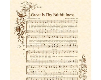 GREAT Is THY FAITHFULNESS - 11x14 Hymn On Parchment Wall Art Christian Home & Office Decor Vintage Verses Sheet Wall Art Faith Inspirational