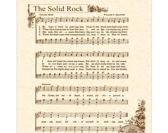 THE SOLID ROCK aka My Hope Is Built --- 8 x 10 Antique Hymn Art Print on Natural Parchment in Sepia Brown Ink Sheet Music