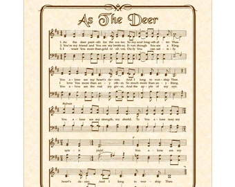 AS THE DEER - Hymn Art - Custom Christian Home Decor - VintageVerses Sheet Music - Inspirational Wall Art - Natural Parchment - Sepia Brown