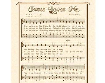 JESUS LOVES ME - Hymn On Parchment - Christian Home & Office Decor - Vintage Verses Sheet Music Art - Faith Inspirational - Wall Art - Sepia