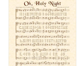 OH HOLY NIGHT - 8x10 Antique Hymn Art Print Vintage Verses Sheet Music Natural Parchment Sepia Brown Ink O Night Divine Savior Lord Christ