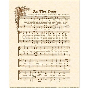 May include: A vintage sheet music print with brown text on a cream background. The title is "As The Deer" and the lyrics are a Christian hymn. The sheet music includes musical notes and lyrics.