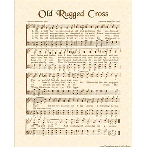 OLD RUGGED CROSS aka On A Hill Far Away - Christian Home & Office Decor - Vintage Verses Sheet Music Art - Hymn On Parchment Wall Art Savior