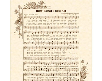 HOW GREAT THOU Wall Art Christian Home & Office Decor Vintage Verses Sheet Music Art Faith Inspirational Wall Art Sepia Natural Parchment