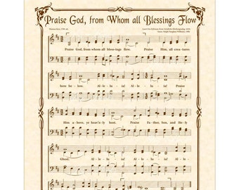 PRAISE GOD FROM Whom All Blessings Flow - Doxology- Christian Home & Office Decor Wall Art Hymn Wall Art Vintage Verses Sheet Music Wall Art