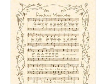 PRECIOUS MEMORIES - 8x10 Antique Hymn Vintage Verses Sheet Music Natural Parchment Sepia Brown Father Mother Childhood Angels Life Pathways