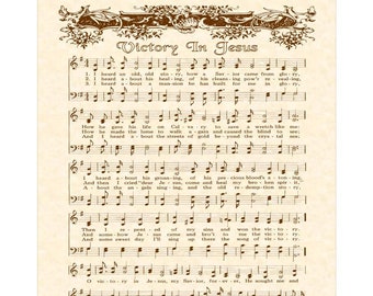VICTORY IN JESUS --- 8 x 10 Antique Hymn Art Print Natural Parchment Sepia Brown Ink Other Colors Available Sheet Music Savior Glory Story