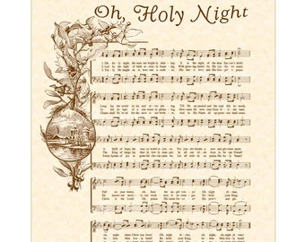 OH HOLY NIGHT - 8x10 Antique Hymn Art Print Vintage Verses Sheet Music Natural Parchment Sepia Brown Ink O Night Divine Savior Lord Christ