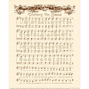 VICTORY IN JESUS 8 x 10 Antique Hymn Art Print Natural Parchment Sepia Brown Ink Other Colors Available Sheet Music Savior Glory Story image 1