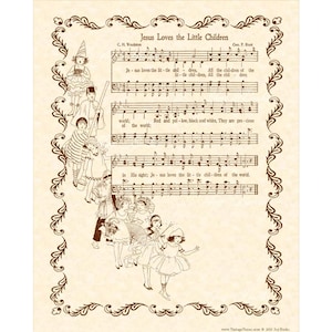 JESUS LOVES THE Little Children - Hymn Wall Art Christian Home & Office Decor Sheet Music Wall Art Vintage Verses Hymn On Parchment Wall Art