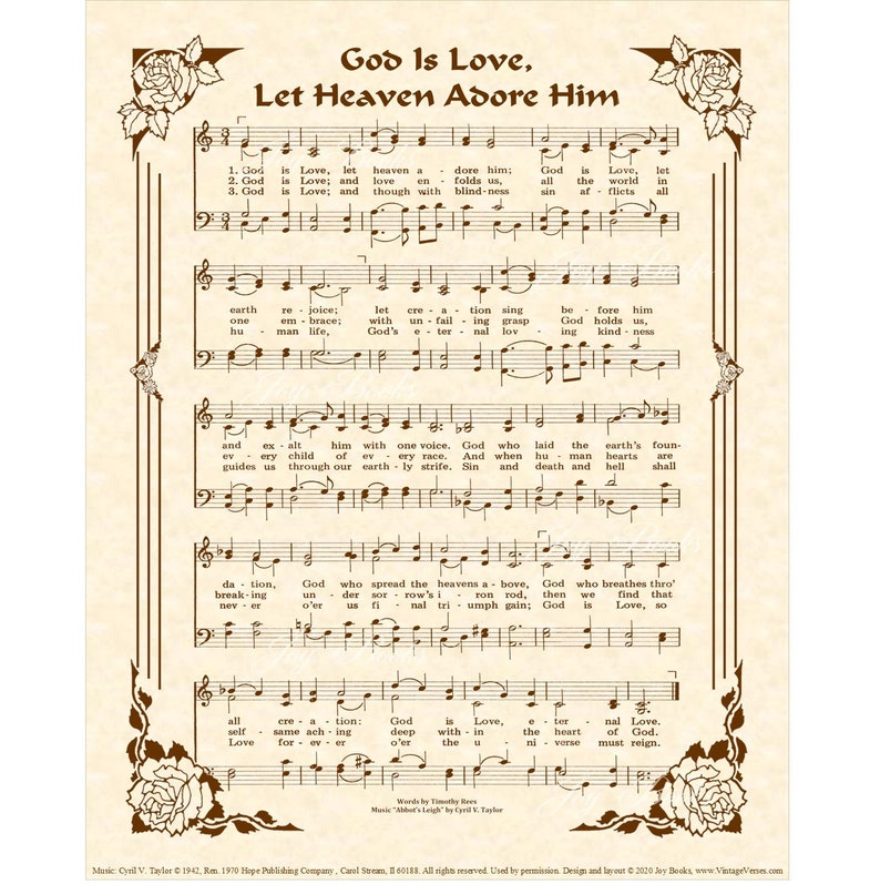 God Is Love Let Heaven Adore Him Christian Home & Office Decor Sheet Music Art Hymn On Parchment Vintage Verses Gospel Music Wall Art image 1