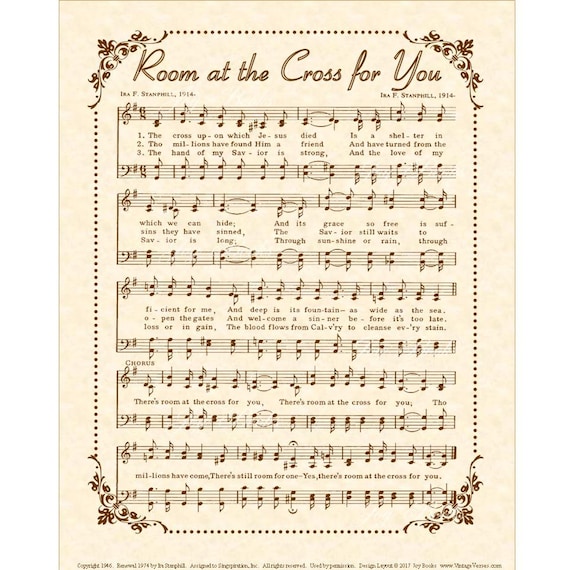 Theres Room At The Cross For You Christian Home Decor Sheet Music Wall Art Vintage Verses Hymn Inspirational The Cross Upon Which Jesus Died
