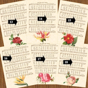 HYMN GREETING CARD 5x7 Vintage Verses Antique Hymn Natural Parchment Sepia Brown Colorful Flower by Number Christian Gospel Music Jesus Song
