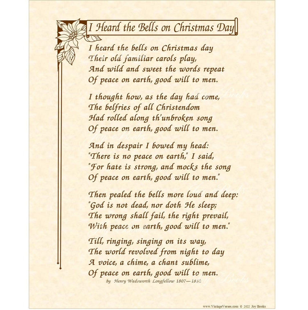 I Heard the Bells on Christmas Day Poem by Henry W Longfellow Home & Office Wall Art Calligraphy