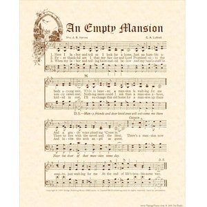 May include: A vintage sheet music page with the title "An Empty Mansion" and lyrics for a hymn. The sheet music is printed in brown ink on a cream-colored background.