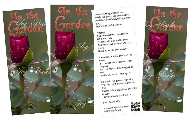 IN THE GARDEN Printed Hymn Bookmarks w Song Lyrics Vintage Verses Book Lovers Gift Card Insert Christian Ministry Give Away Rose Bud Dew image 2