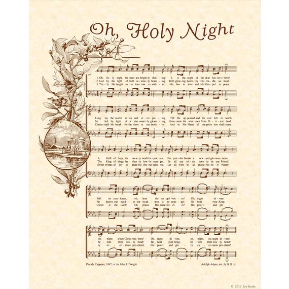 OH HOLY NIGHT - 11x14 Antique Hymn Art Print Vintage Verses Sheet Music  Natural Parchment Sepia Brown Ink O Night Divine Savior Lord Christ