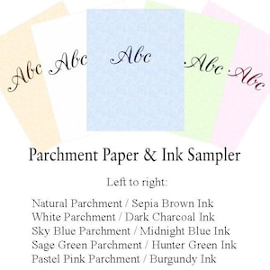 May include: A sampler of five parchment paper colours with the words "Abc Abc Abc Abc Abc" written in different coloured inks. The colours are natural, white, sky blue, sage green, and pastel pink. The text below the paper samples reads "Parchment Paper & Ink Sampler" and "Left to right:" followed by a list of the paper colours and ink colours.