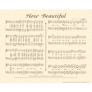 May include: Sheet music titled "How Beautiful" with musical notes and lyrics. The text is in a classic serif font on a cream-colored background. The sheet music includes musical notation, lyrics, and copyright information.