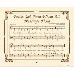 PRAISE GOD FROM Whom All Blessings Flow - Doxology- Christian Home & Office Decor Wall Art Hymn Wall Art Vintage Verses Sheet Music Wall Art