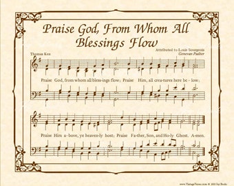 PRAISE GOD FROM Whom All Blessings Flow - Doxology- Christian Home & Office Decor Wall Art Hymn Wall Art Vintage Verses Sheet Music Wall Art