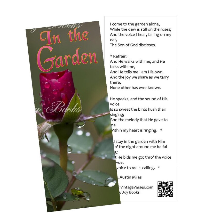 IN THE GARDEN Printed Hymn Bookmarks w Song Lyrics Vintage Verses Book Lovers Gift Card Insert Christian Ministry Give Away Rose Bud Dew image 3