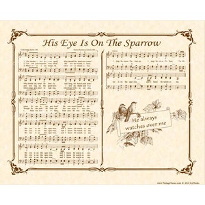 His Eye Is On The Sparrow Hymn - Hymn Wall Art - Custom Christian Home Decor - Vintage Verses Sheet Music - Inspirational Wall Art - Sepia