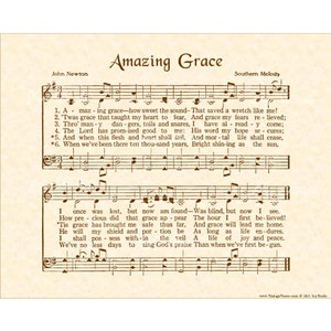 May include: A vintage sheet music print of the hymn "Amazing Grace" by John Newton. The lyrics are printed in brown ink on a cream-colored background. The music notes are also printed in brown ink.