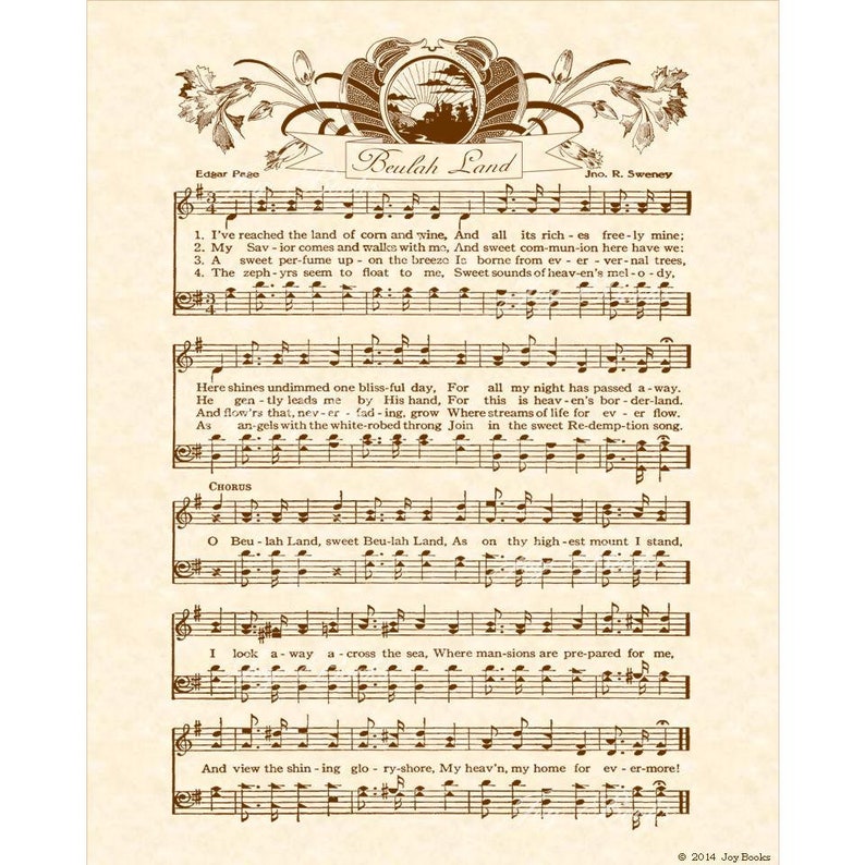 BEULAH LAND 8x10 Antique Hymn Vintage Verses Sheet Music Natural ...
