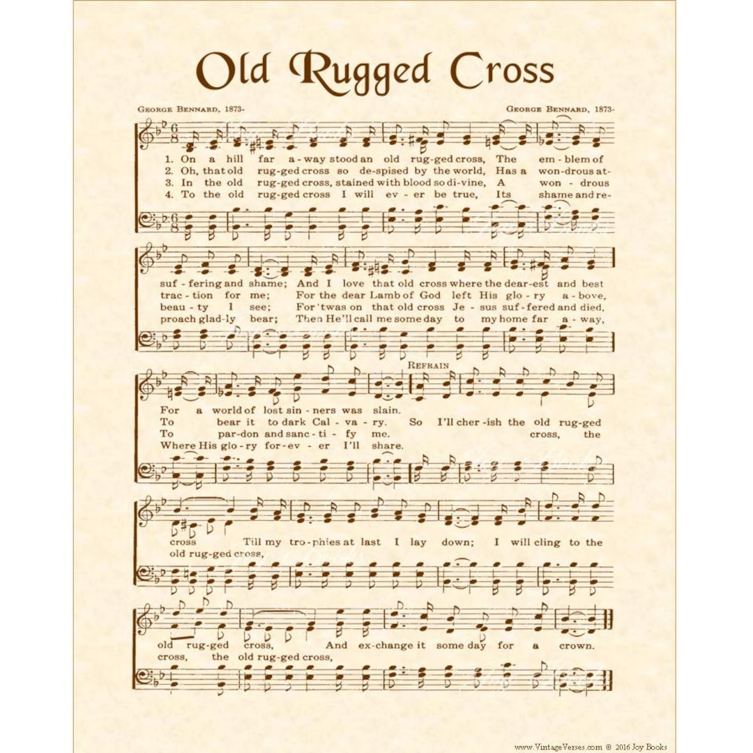 old-rugged-cross-aka-on-a-hill-far-away-christian-home-office-decor-vintage-verses-sheet-music-art-hymn-on-parchment-wall-art-savior-etsy