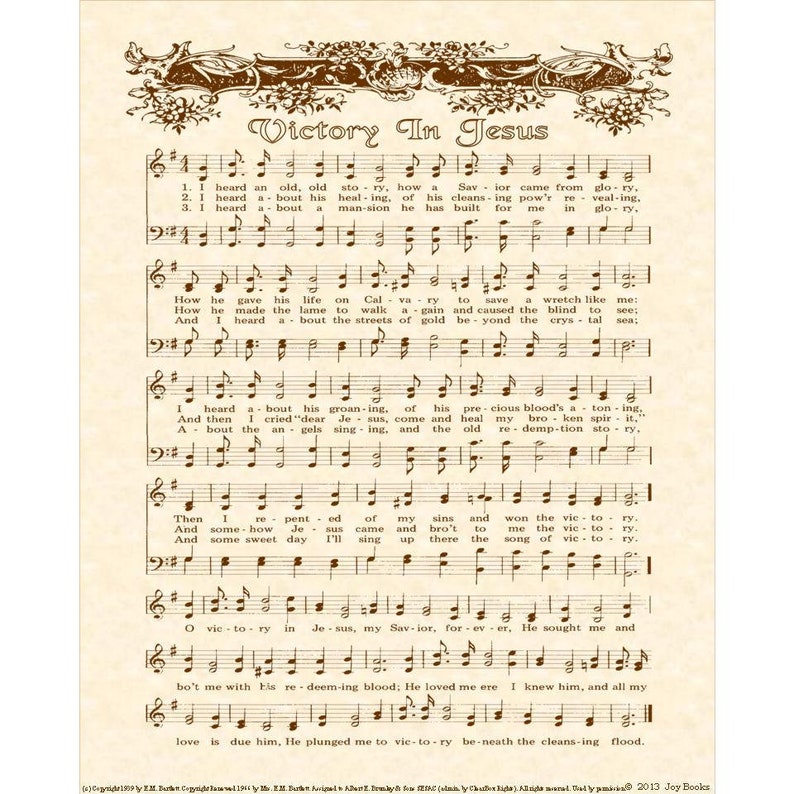 VICTORY IN JESUS 8 x 10 Antique Hymn Art Print Natural Parchment Sepia Brown Ink Other Colors Available Sheet Music Savior Glory Story image 1