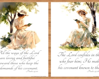 Gods Ways - Psalm 25 Set of 2 Verses Christian Home & Office Decor Vintage Verses Calligraphy Inspirational Wall Art Scripture Faith Woman