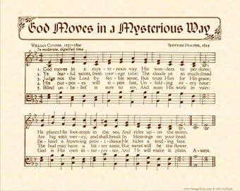 GOD MOVES In A MYSTERIOUS Way - Christian Home & Office Decor - Hymn Wall Art Parchment - Vintage Verses Sheet Music Wall Art- Inspirational